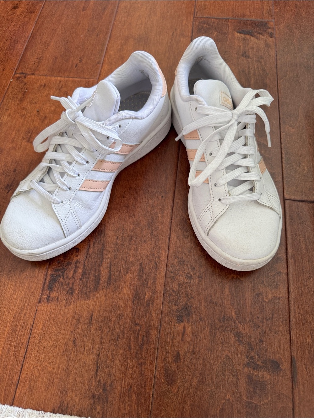 Adidas Athleisure White Sneakers with Pale Pink Peach Stripes - Picture 4 of 4